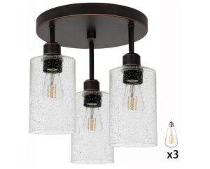 a pendant chandelier with three bulb white covered Lights Mount style with dark brown base 